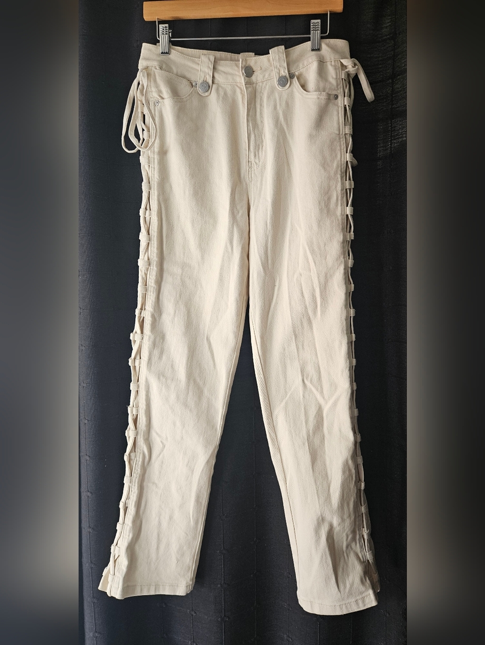 Habitual Side Lace Up High Rise Straight Leg Jeans Cream Off-White Size 6/28 - Picture 4 of 9